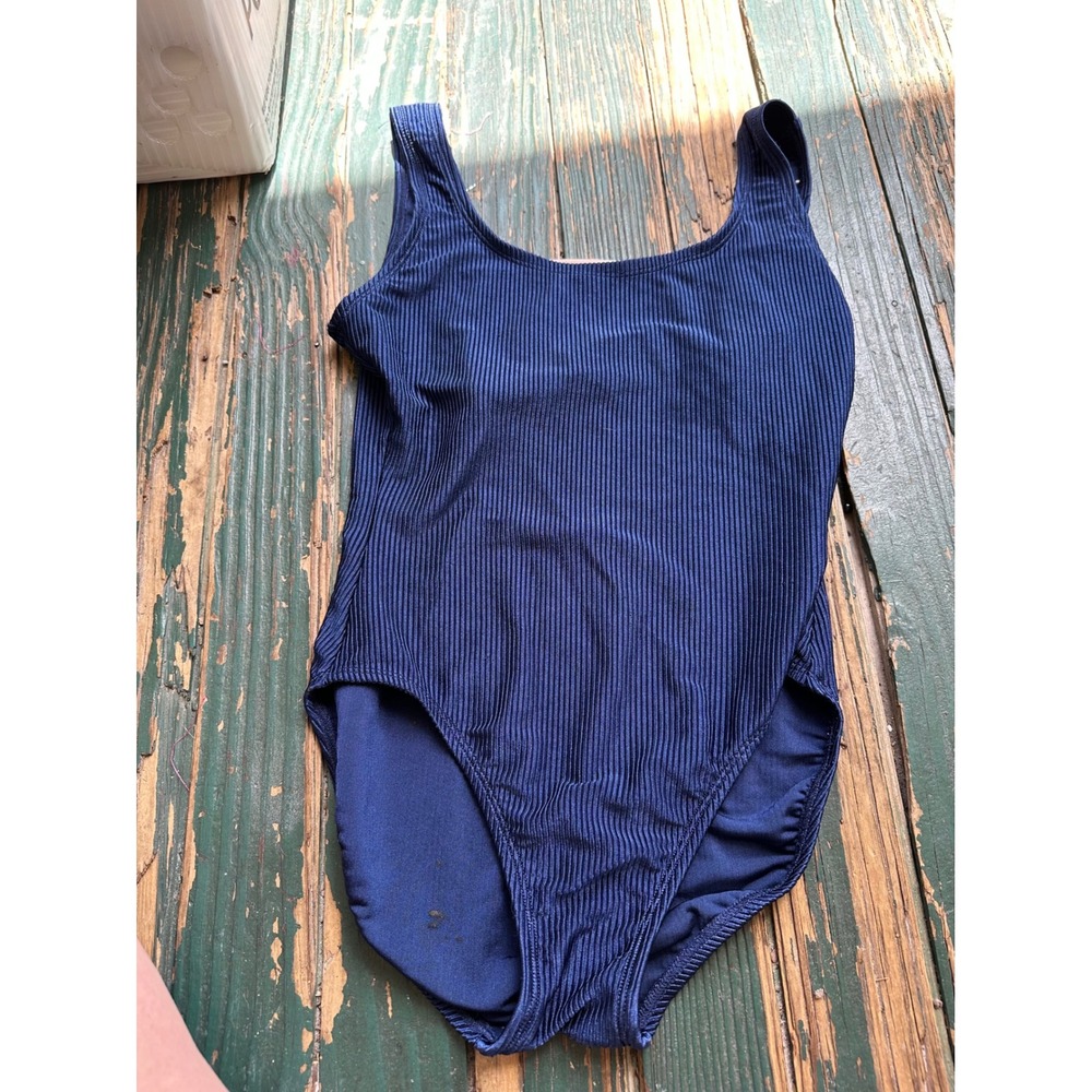 Navy Blue Ribbed One Piece Swimsuit Scoop Neck Low Back Bodysuit A3743